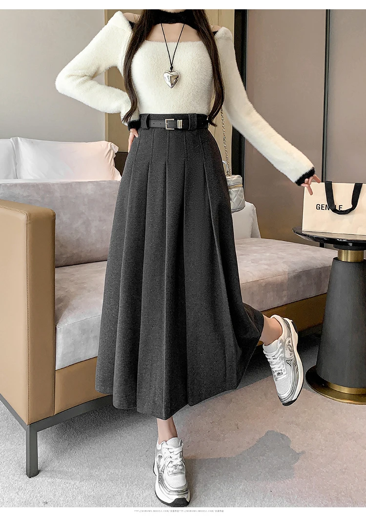 Grey woolen pleated skirt for women in autumn and winter skirt high waisted casual large hemA-line medium length skirt