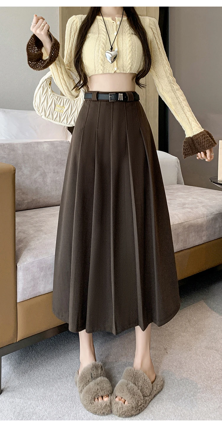 Grey woolen pleated skirt for women in autumn and winter skirt high waisted casual large hemA-line medium length skirt