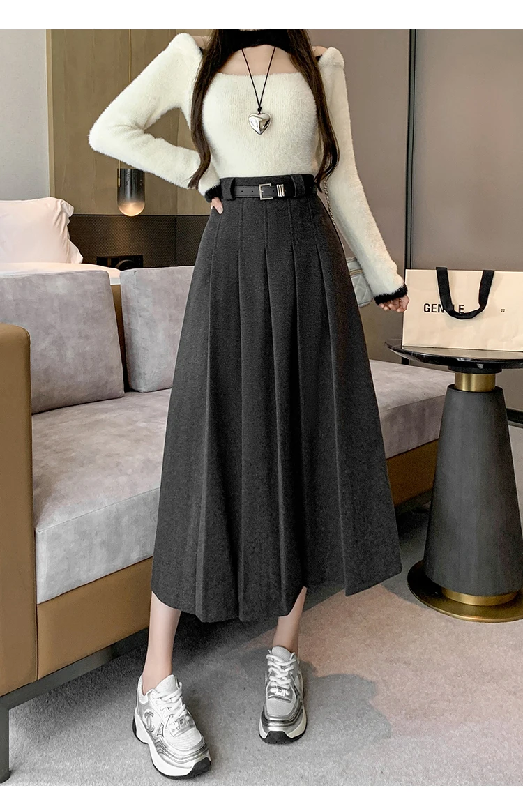Grey woolen pleated skirt for women in autumn and winter skirt high waisted casual large hemA-line medium length skirt