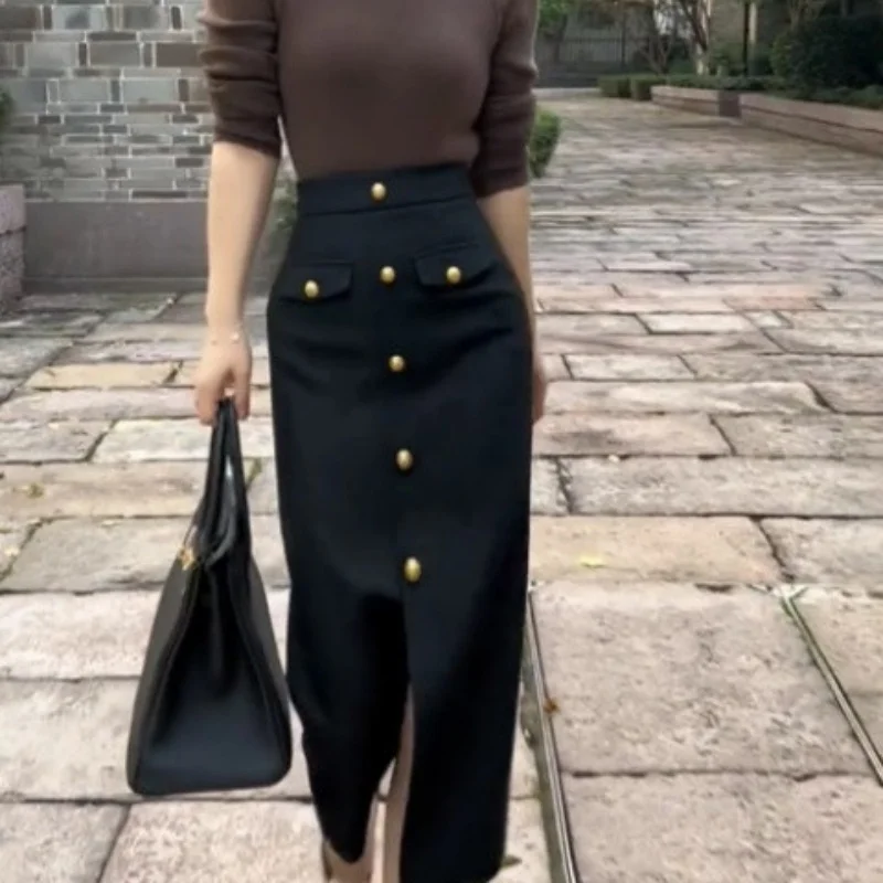 French Fashion Single Breasted Skirt Women Elegant High Waisted Slim Pencil Skirt Autumn Wrapped Slit Black Long Skirt 606A