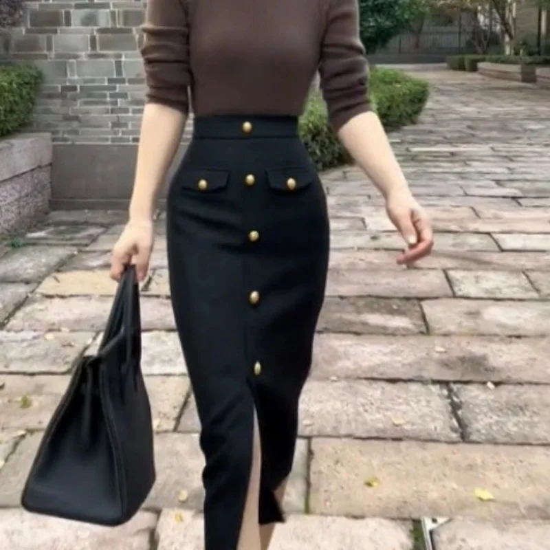 French Fashion Single Breasted Skirt Women Elegant High Waisted Slim Pencil Skirt Autumn Wrapped Slit Black Long Skirt 606A