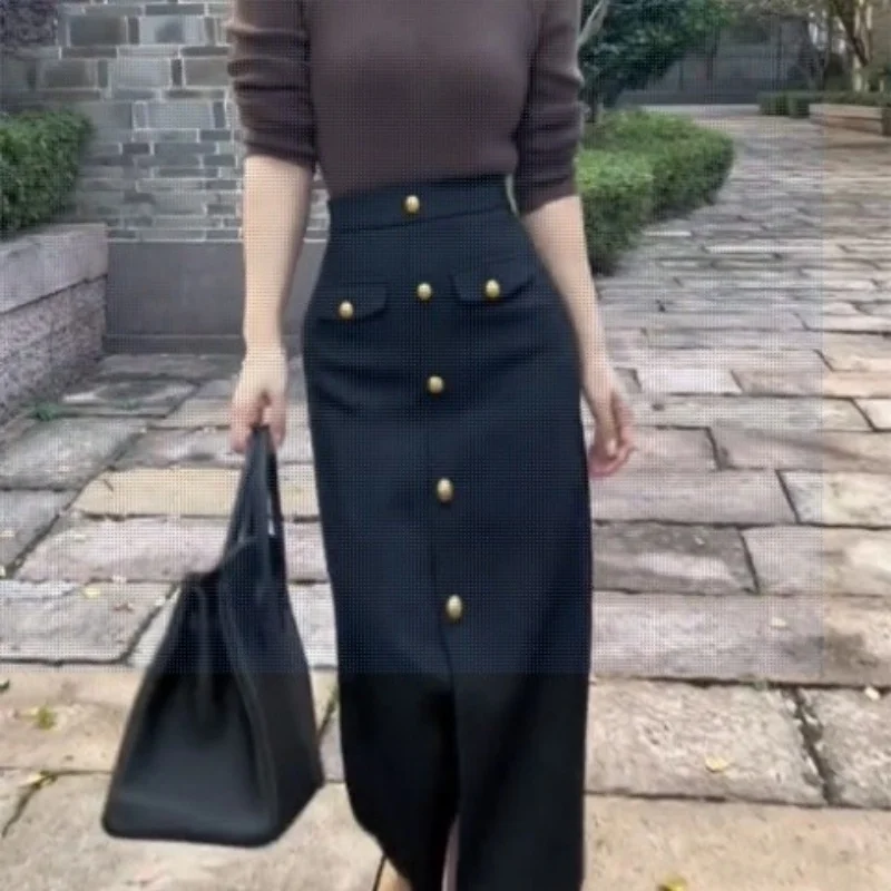 French Fashion Single Breasted Skirt Women Elegant High Waisted Slim Pencil Skirt Autumn Wrapped Slit Black Long Skirt 606A