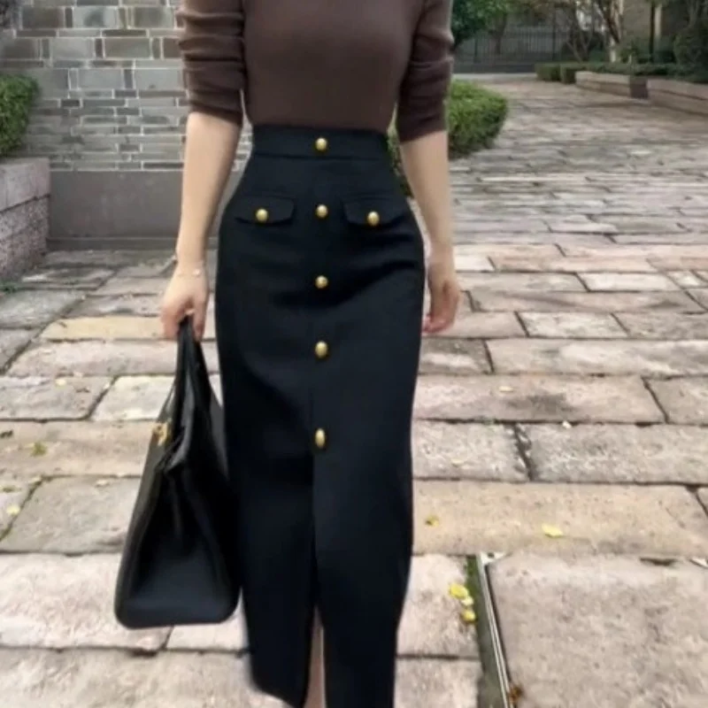 French Fashion Single Breasted Skirt Women Elegant High Waisted Slim Pencil Skirt Autumn Wrapped Slit Black Long Skirt 606A