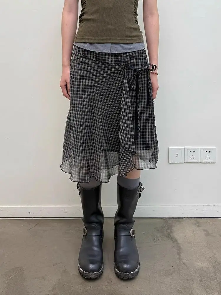Aoaiiys Plaid Skirts Women High Waist Mesh Ruffled Skirt Fashion Irregular Design A-Line Skirt Summer New Vintage Korean Skirts