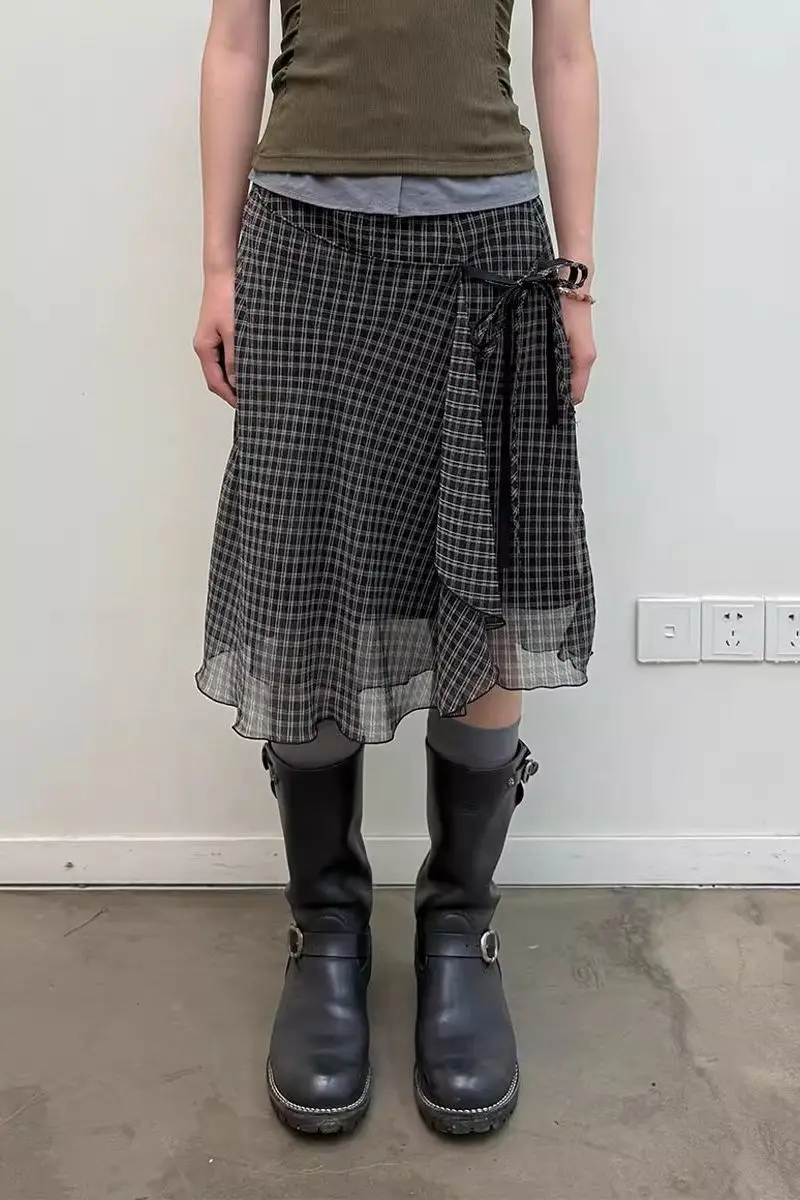 Aoaiiys Plaid Skirts Women High Waist Mesh Ruffled Skirt Fashion Irregular Design A-Line Skirt Summer New Vintage Korean Skirts