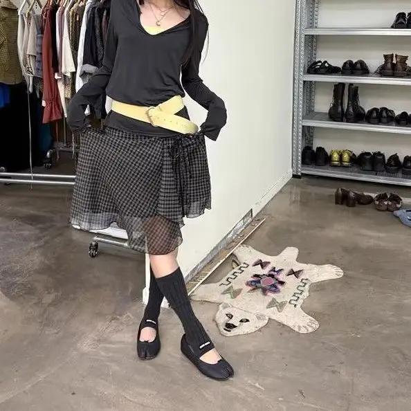 Aoaiiys Plaid Skirts Women High Waist Mesh Ruffled Skirt Fashion Irregular Design A-Line Skirt Summer New Vintage Korean Skirts