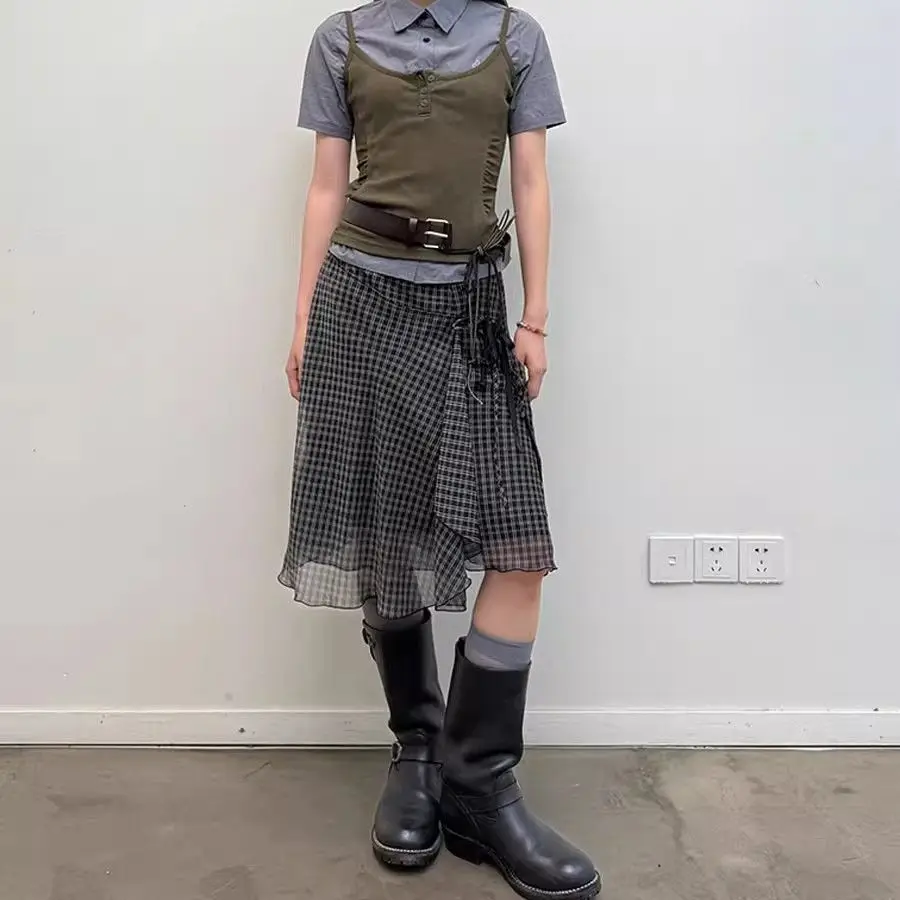 Aoaiiys Plaid Skirts Women High Waist Mesh Ruffled Skirt Fashion Irregular Design A-Line Skirt Summer New Vintage Korean Skirts
