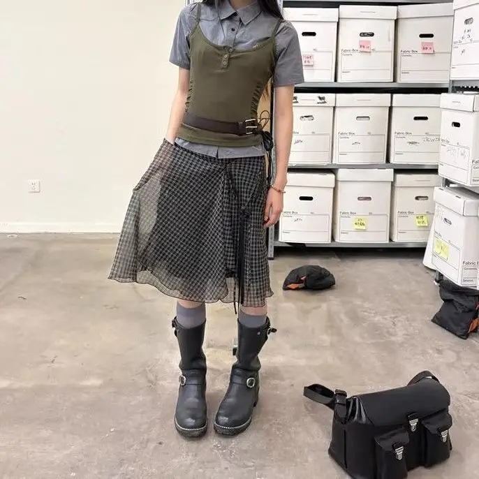 Aoaiiys Plaid Skirts Women High Waist Mesh Ruffled Skirt Fashion Irregular Design A-Line Skirt Summer New Vintage Korean Skirts