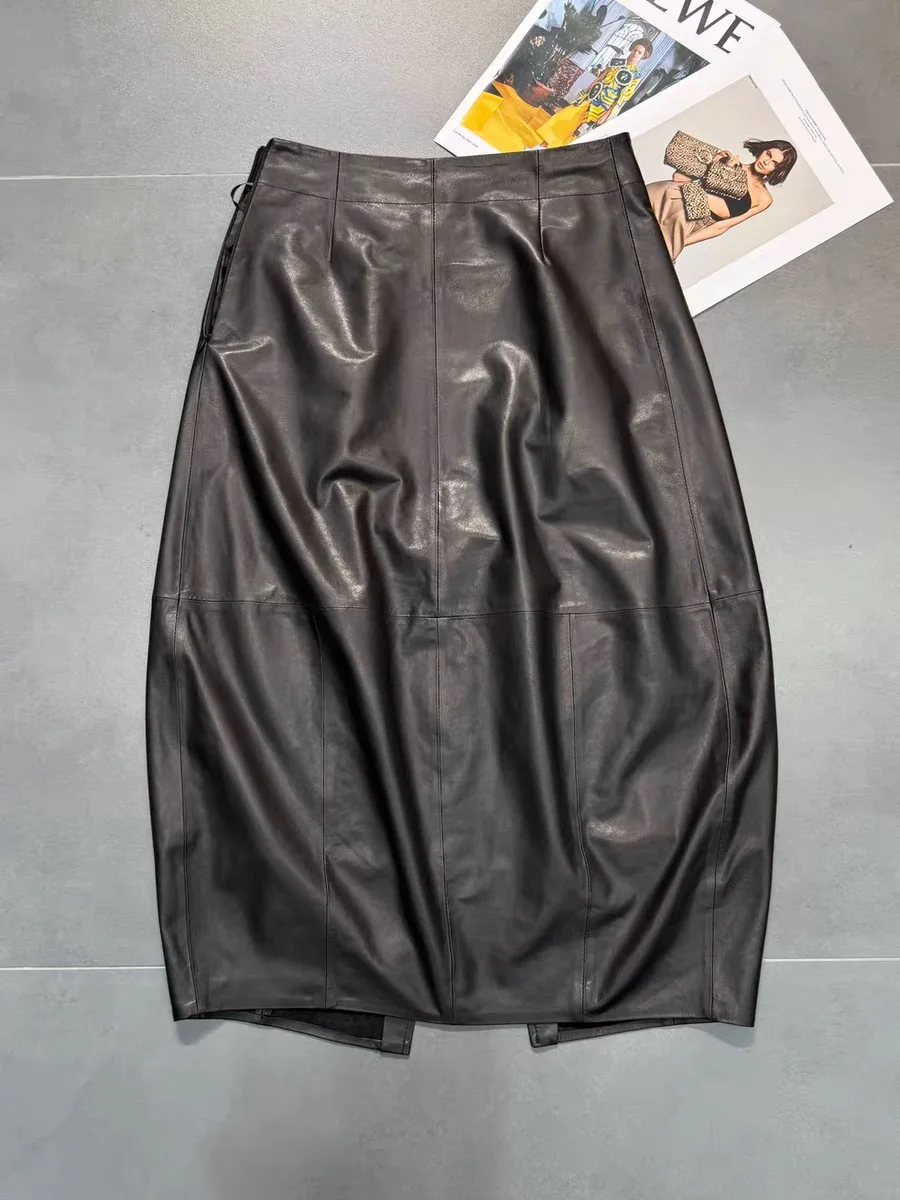 Autumn High End Women Genuine Leather Sheepskin Long Bud Skirt Wrapped Jupe Mujer Mid Length Korean Style