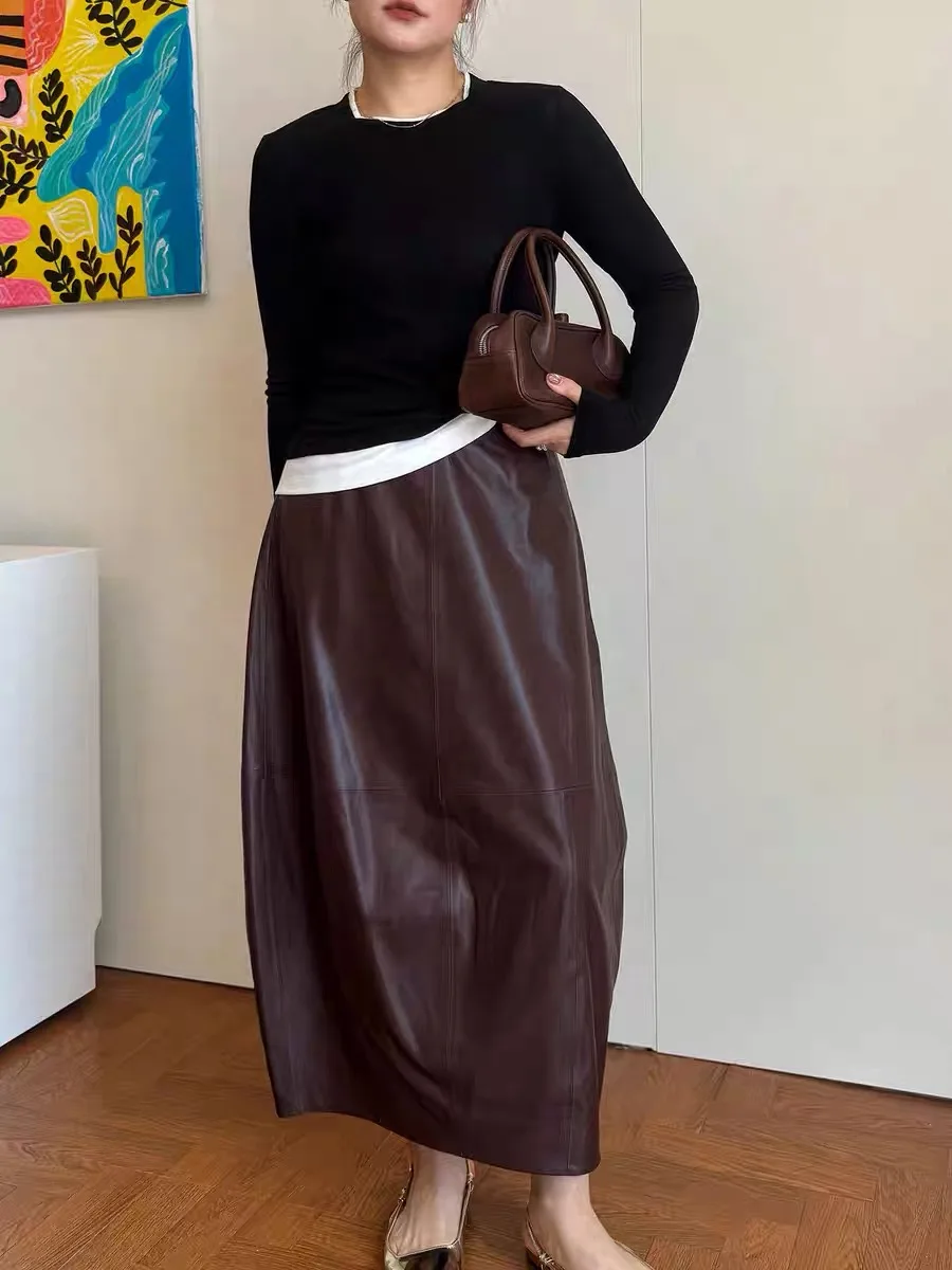 Autumn High End Women Genuine Leather Sheepskin Long Bud Skirt Wrapped Jupe Mujer Mid Length Korean Style