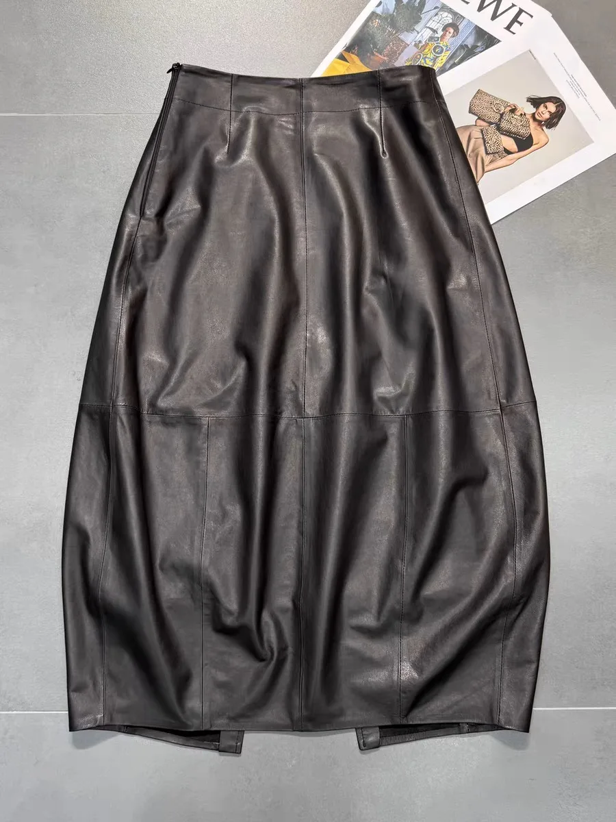 Autumn High End Women Genuine Leather Sheepskin Long Bud Skirt Wrapped Jupe Mujer Mid Length Korean Style