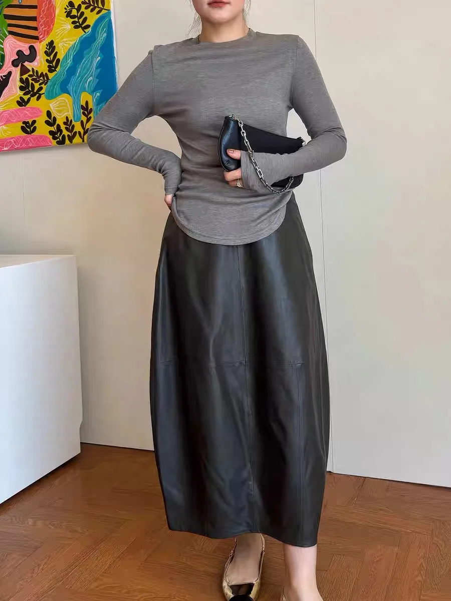 Autumn High End Women Genuine Leather Sheepskin Long Bud Skirt Wrapped Jupe Mujer Mid Length Korean Style