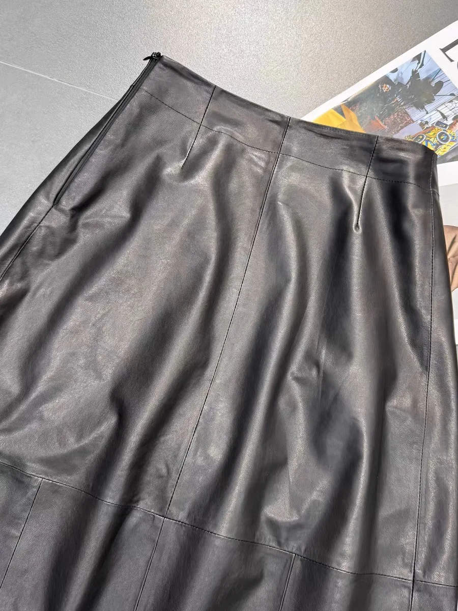 Autumn High End Women Genuine Leather Sheepskin Long Bud Skirt Wrapped Jupe Mujer Mid Length Korean Style