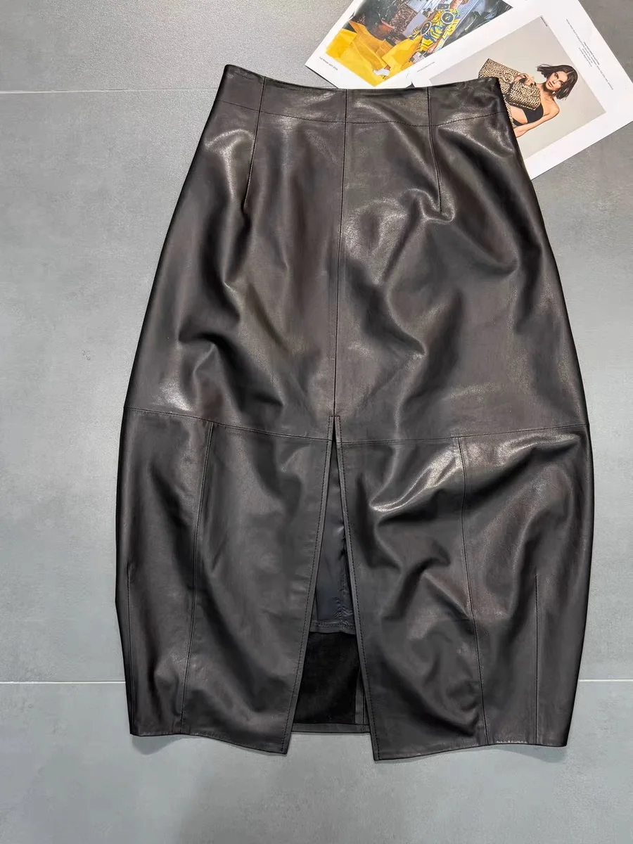 Autumn High End Women Genuine Leather Sheepskin Long Bud Skirt Wrapped Jupe Mujer Mid Length Korean Style