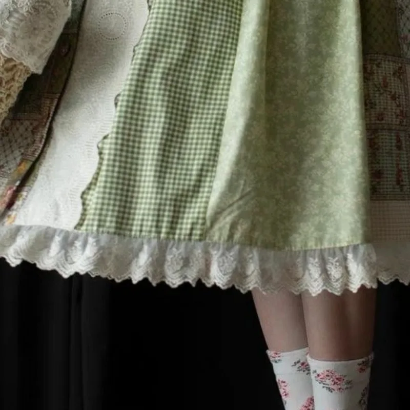 Matakawa Print Women Skirts A-line Sweet Vintage Spring Summer Green Faldas Mujer Japanese Style Ruffles Fashion Long Skirt