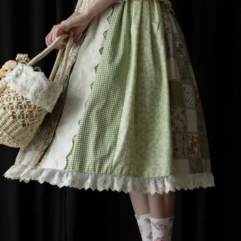 Matakawa Print Women Skirts A-line Sweet Vintage Spring Summer Green Faldas Mujer Japanese Style Ruffles Fashion Long Skirt