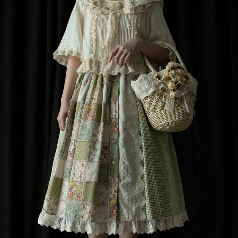 Matakawa Print Women Skirts A-line Sweet Vintage Spring Summer Green Faldas Mujer Japanese Style Ruffles Fashion Long Skirt