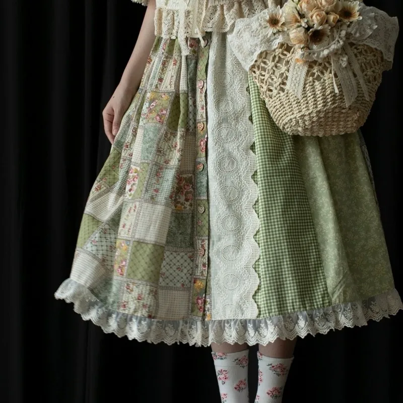 Matakawa Print Women Skirts A-line Sweet Vintage Spring Summer Green Faldas Mujer Japanese Style Ruffles Fashion Long Skirt