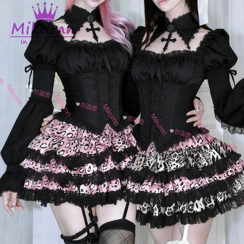 Mikumn Harajuku Gothic Pink Leopard Print Skirt Y2k Punk Lace Cake Skirt Women Lolita Kawaii Pleated Mini Skirt Chic Streerwear
