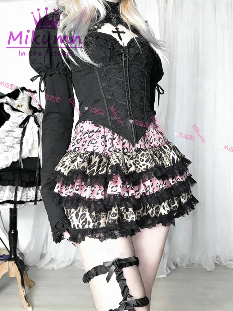 Mikumn Harajuku Gothic Pink Leopard Print Skirt Y2k Punk Lace Cake Skirt Women Lolita Kawaii Pleated Mini Skirt Chic Streerwear
