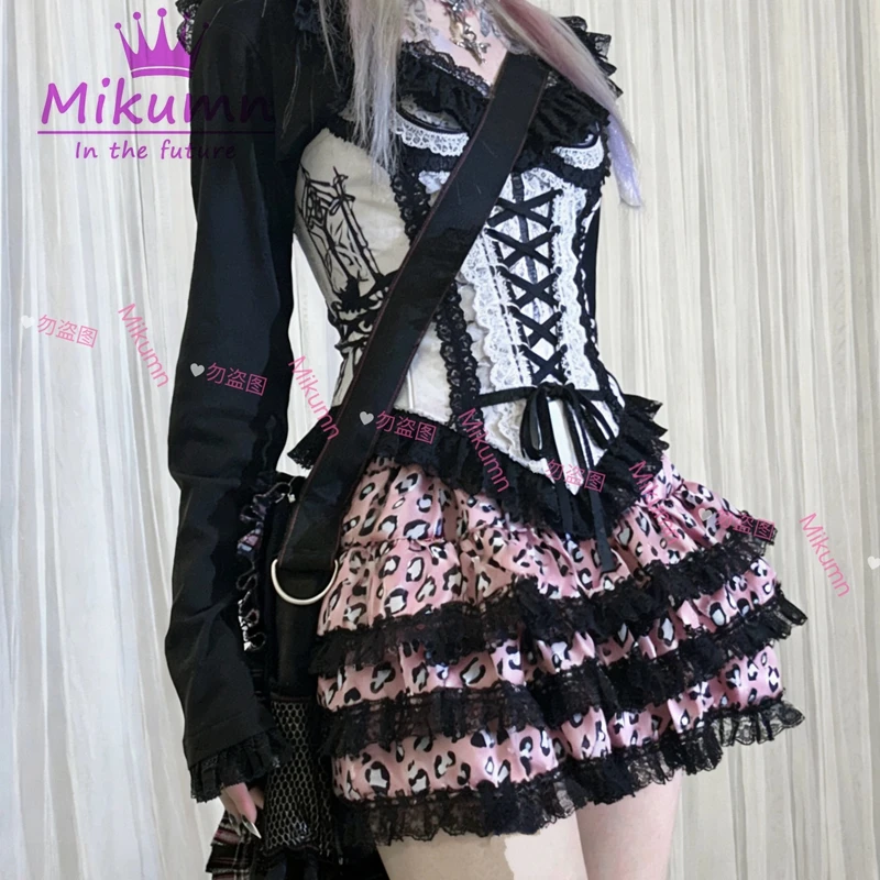 Mikumn Harajuku Gothic Pink Leopard Print Skirt Y2k Punk Lace Cake Skirt Women Lolita Kawaii Pleated Mini Skirt Chic Streerwear