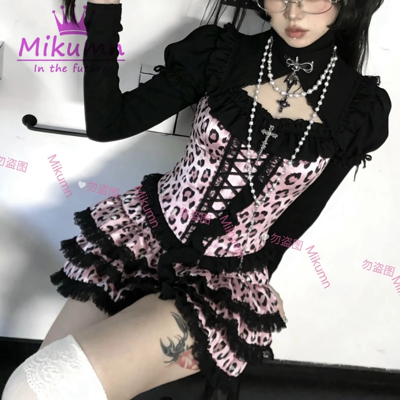 Mikumn Harajuku Gothic Pink Leopard Print Skirt Y2k Punk Lace Cake Skirt Women Lolita Kawaii Pleated Mini Skirt Chic Streerwear