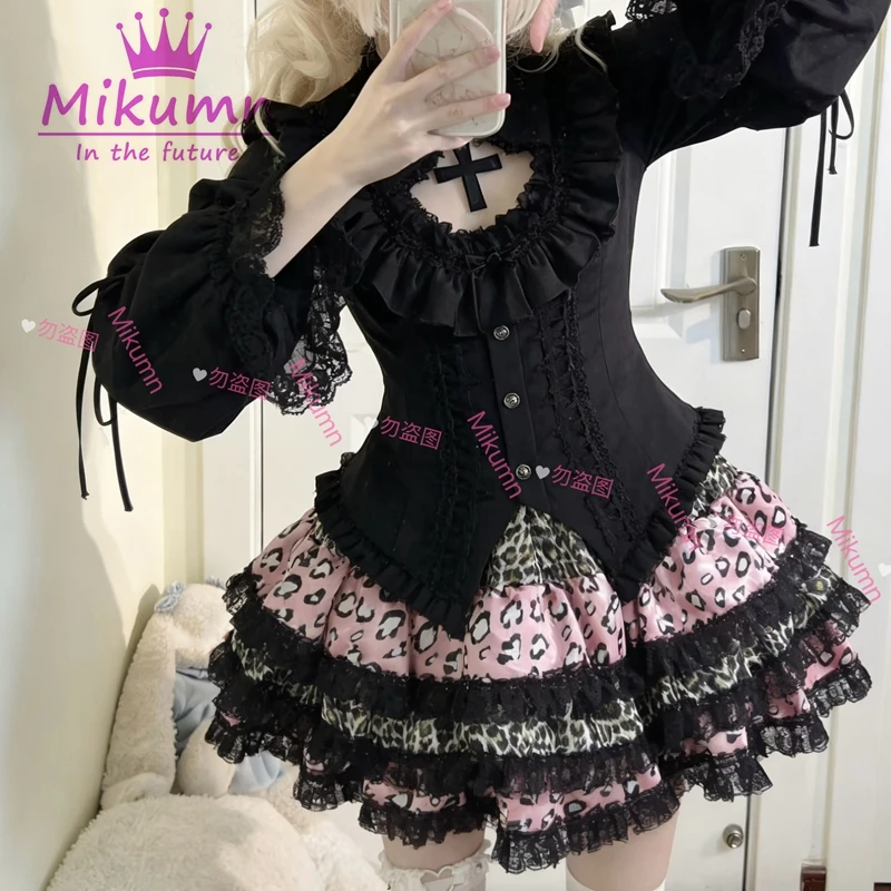 Mikumn Harajuku Gothic Pink Leopard Print Skirt Y2k Punk Lace Cake Skirt Women Lolita Kawaii Pleated Mini Skirt Chic Streerwear