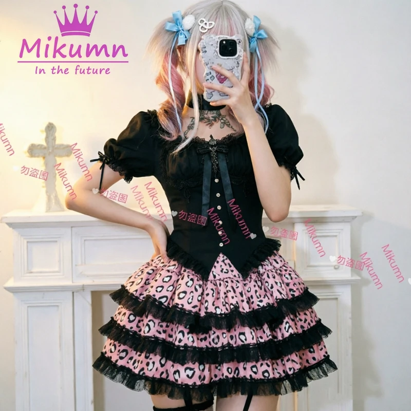 Mikumn Harajuku Gothic Pink Leopard Print Skirt Y2k Punk Lace Cake Skirt Women Lolita Kawaii Pleated Mini Skirt Chic Streerwear