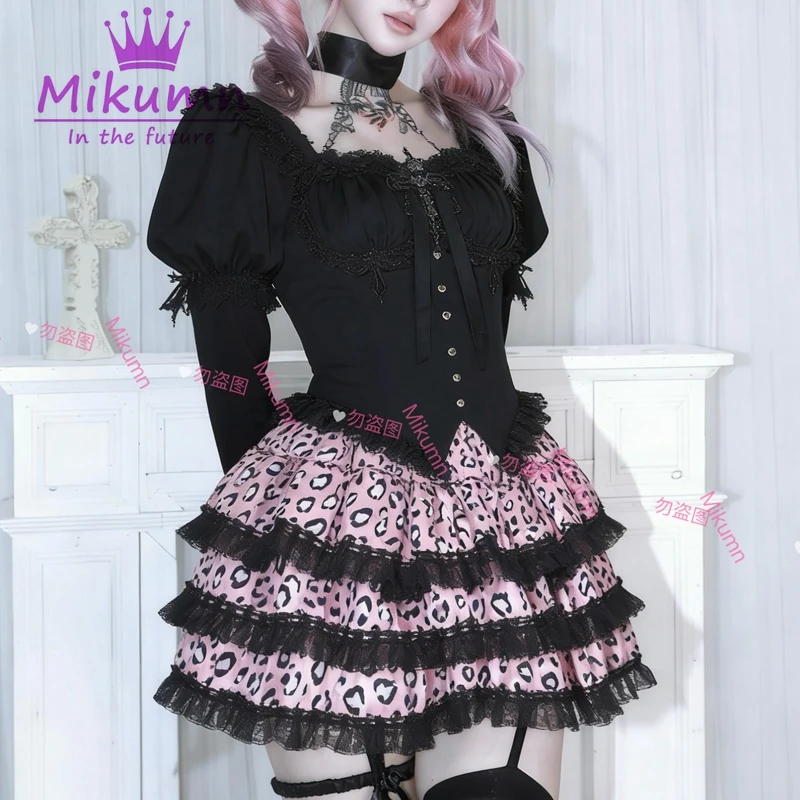 Mikumn Harajuku Gothic Pink Leopard Print Skirt Y2k Punk Lace Cake Skirt Women Lolita Kawaii Pleated Mini Skirt Chic Streerwear