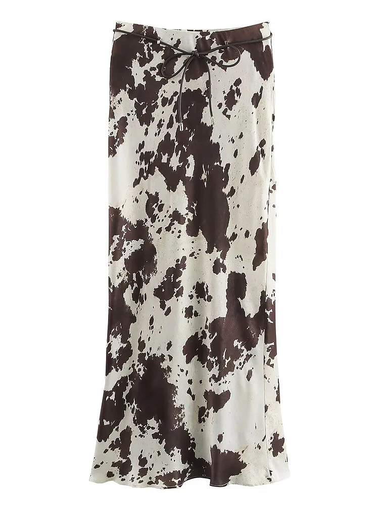 Animal Print Satin Skirt Women Fashion Ruffles Midi Skirts With Belt Casual Women's Skirt 2025 High Street Elegant Long Skirts