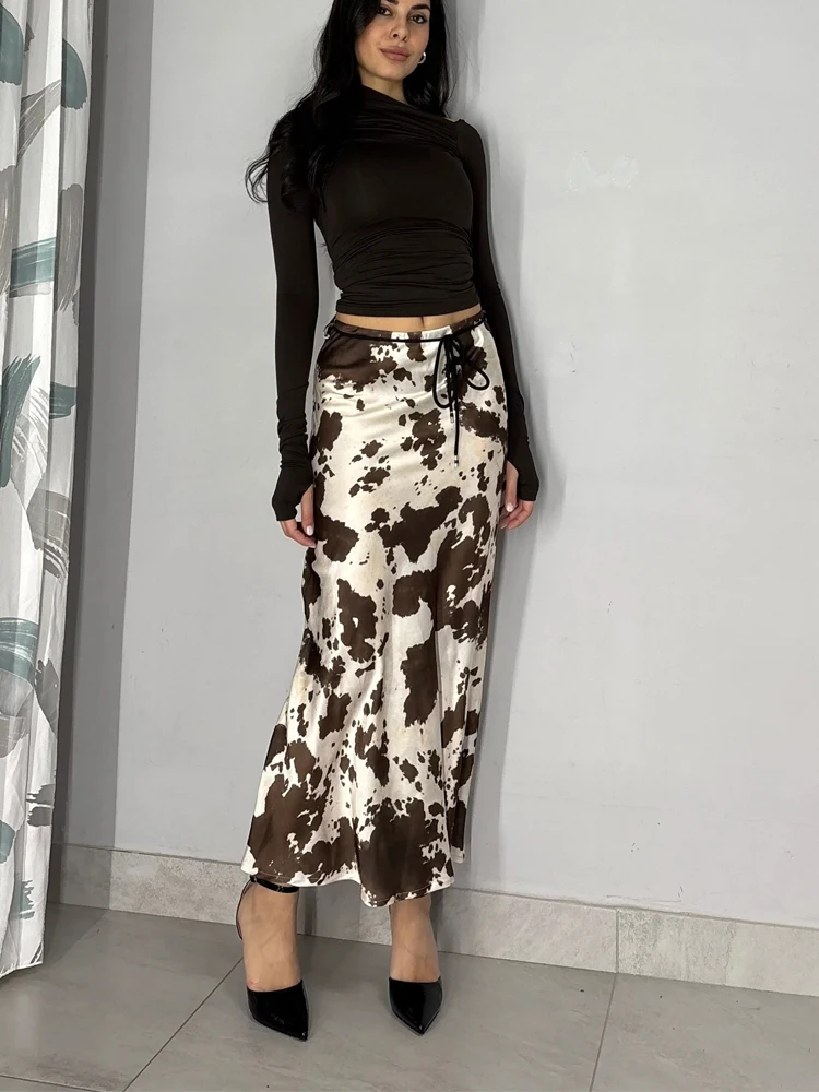 Animal Print Satin Skirt Women Fashion Ruffles Midi Skirts With Belt Casual Women's Skirt 2025 High Street Elegant Long Skirts