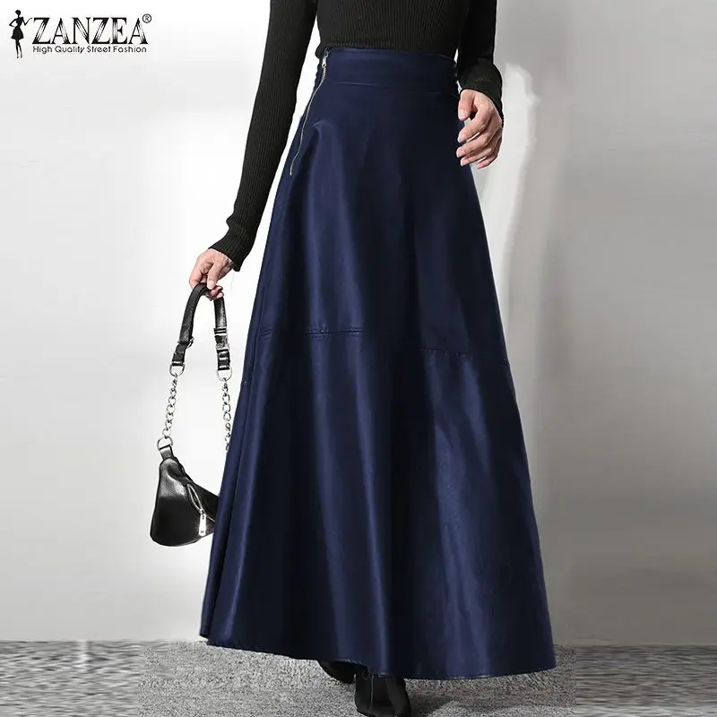 ZANZEA Women's PU Leather Maxi Skirt 2025 Autumn Elegant OL Long Saias Fashion Solid Mujer Faldas Casual High Waist Zipper Jupe
