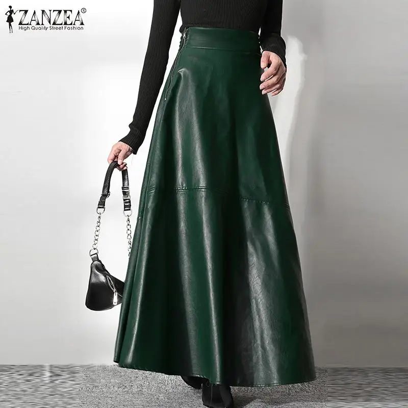 ZANZEA Women's PU Leather Maxi Skirt 2025 Autumn Elegant OL Long Saias Fashion Solid Mujer Faldas Casual High Waist Zipper Jupe