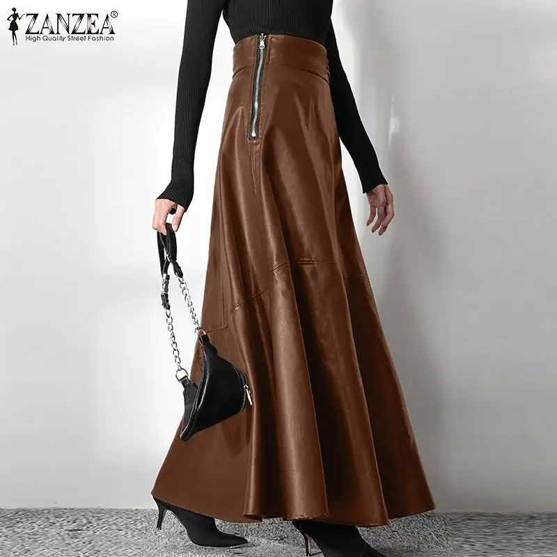 ZANZEA Women's PU Leather Maxi Skirt 2025 Autumn Elegant OL Long Saias Fashion Solid Mujer Faldas Casual High Waist Zipper Jupe