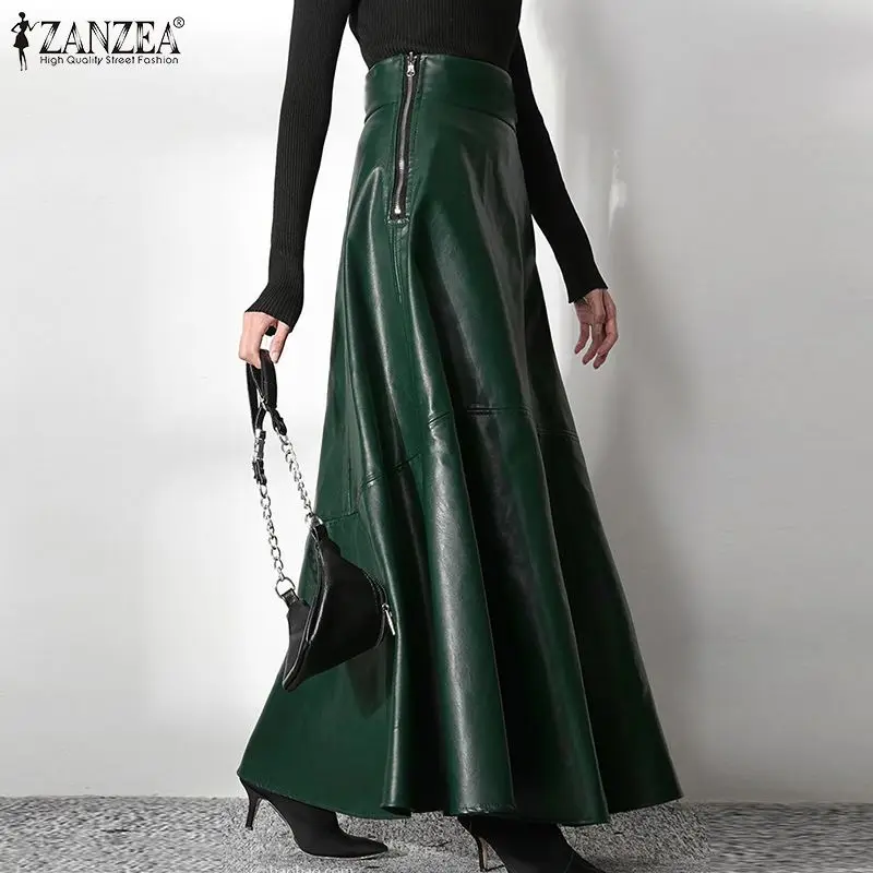 ZANZEA Women's PU Leather Maxi Skirt 2025 Autumn Elegant OL Long Saias Fashion Solid Mujer Faldas Casual High Waist Zipper Jupe