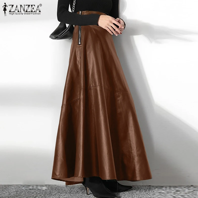 ZANZEA Women's PU Leather Maxi Skirt 2025 Autumn Elegant OL Long Saias Fashion Solid Mujer Faldas Casual High Waist Zipper Jupe
