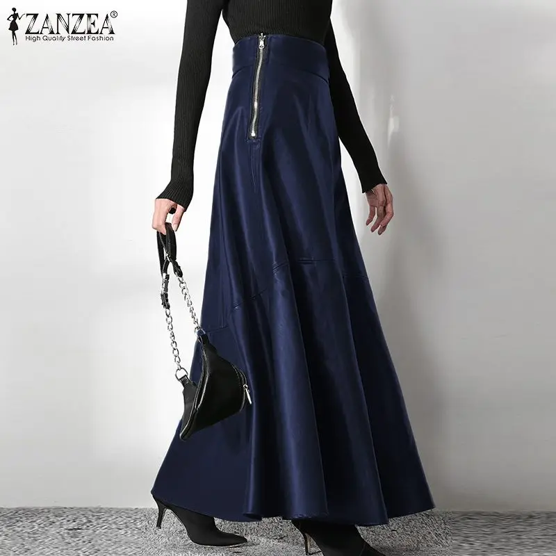 ZANZEA Women's PU Leather Maxi Skirt 2025 Autumn Elegant OL Long Saias Fashion Solid Mujer Faldas Casual High Waist Zipper Jupe
