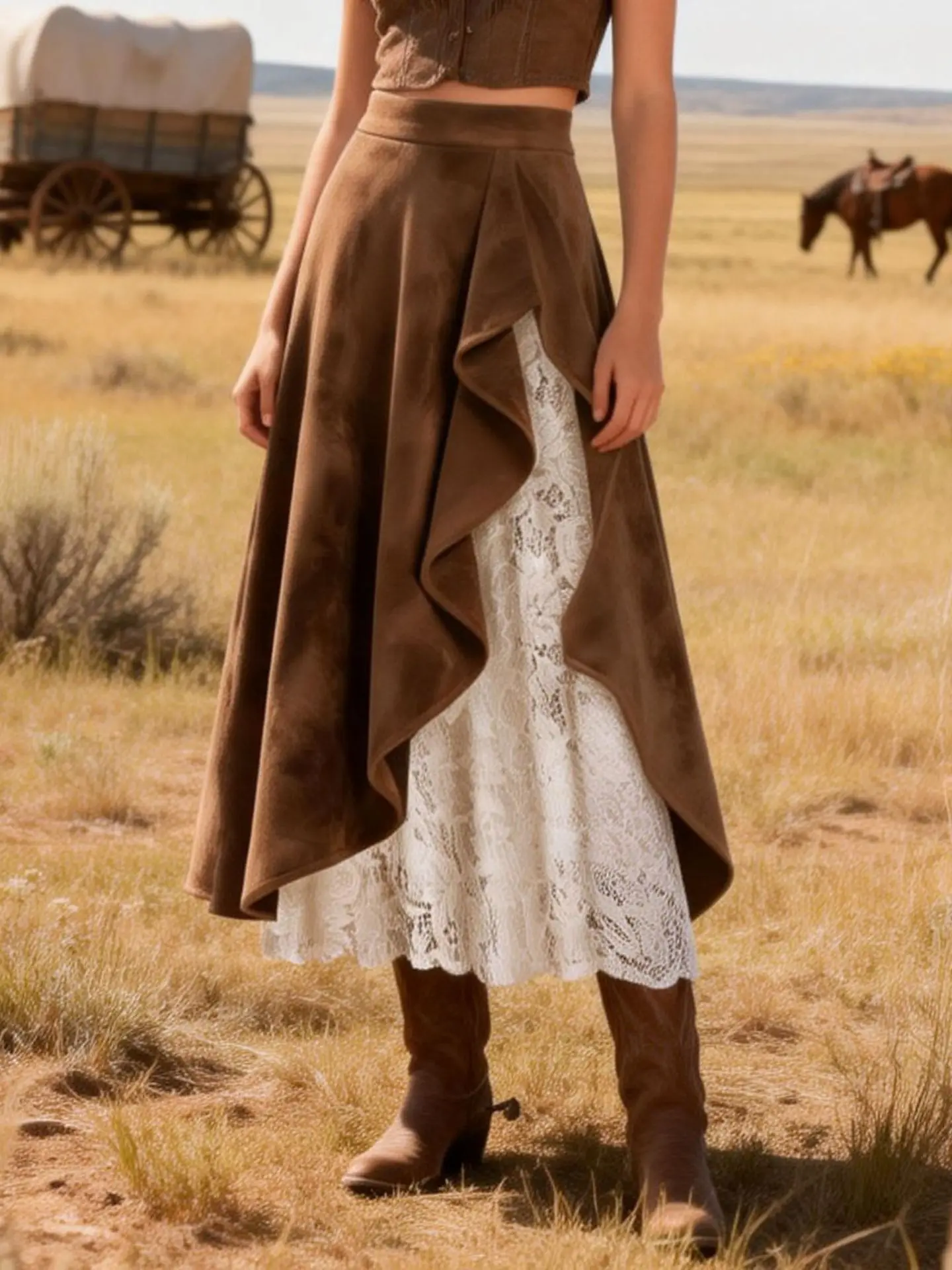 2026 Autumn Women Brown Suede Half Skirt Vintage Western-style Suede And Lace Patchwork Skirt