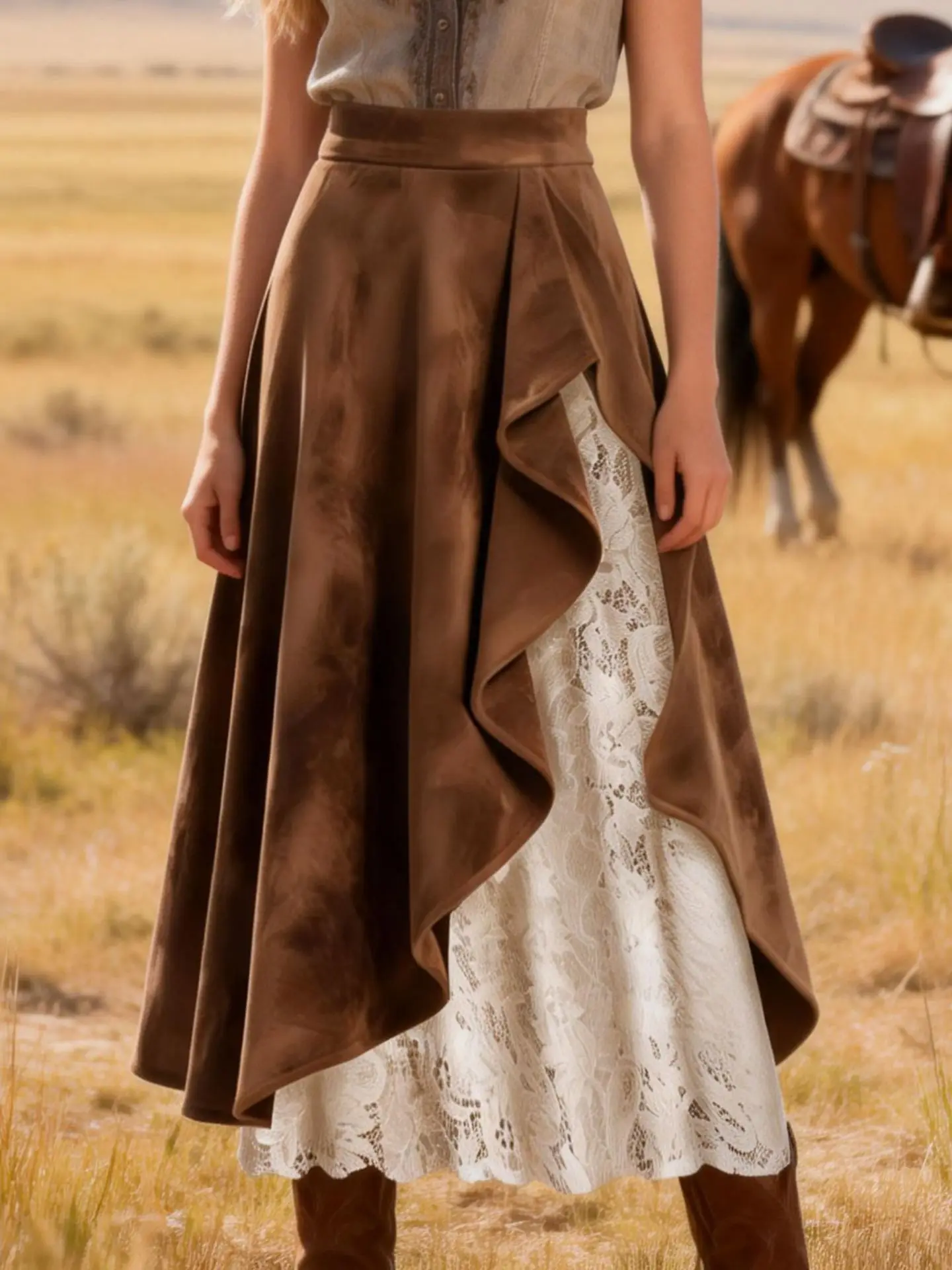 2026 Autumn Women Brown Suede Half Skirt Vintage Western-style Suede And Lace Patchwork Skirt