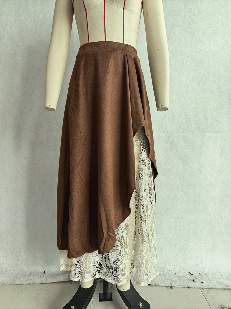 2026 Autumn Women Brown Suede Half Skirt Vintage Western-style Suede And Lace Patchwork Skirt