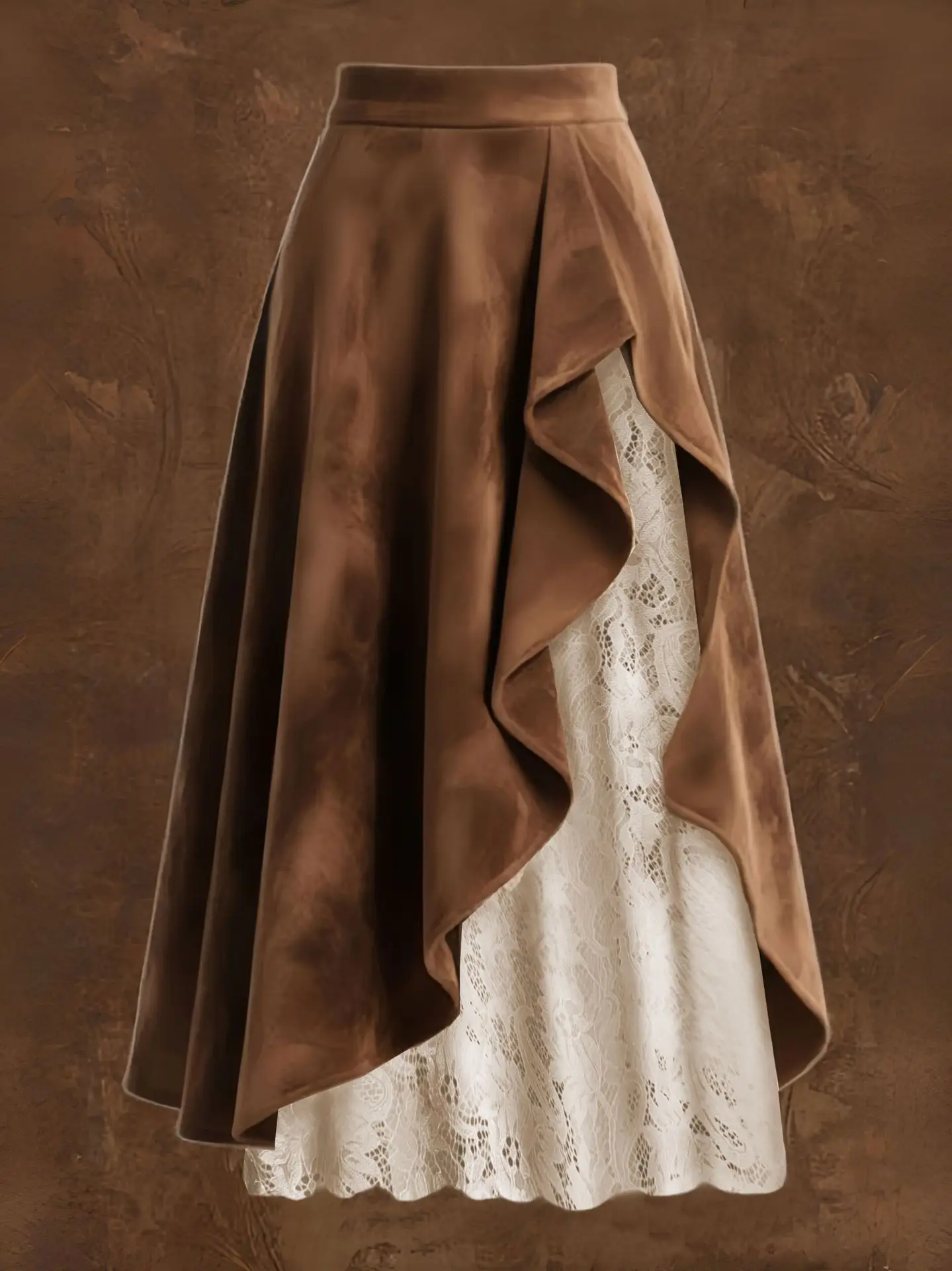 2026 Autumn Women Brown Suede Half Skirt Vintage Western-style Suede And Lace Patchwork Skirt