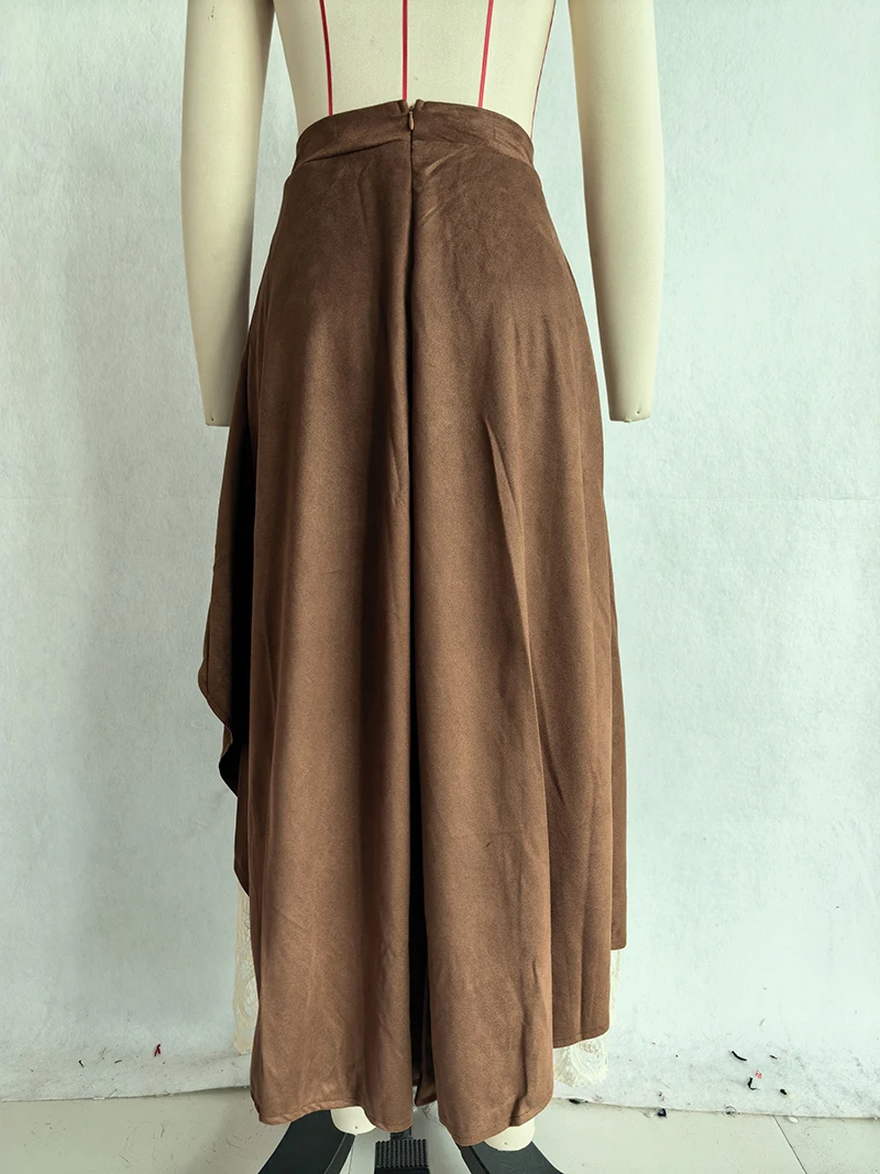 2026 Autumn Women Brown Suede Half Skirt Vintage Western-style Suede And Lace Patchwork Skirt