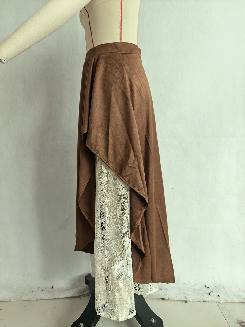 2026 Autumn Women Brown Suede Half Skirt Vintage Western-style Suede And Lace Patchwork Skirt