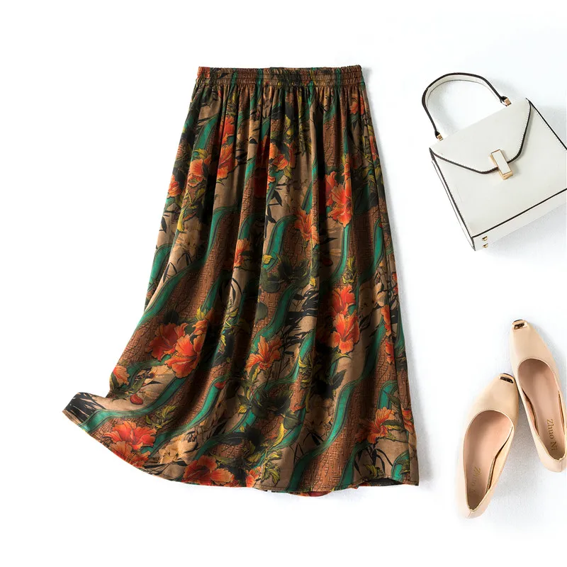 2026 Women's Casual Autumn New Style 100% Natural Mulberry Silk Gambiered Guangdong Gauze High Waist Printed A-line Skirt