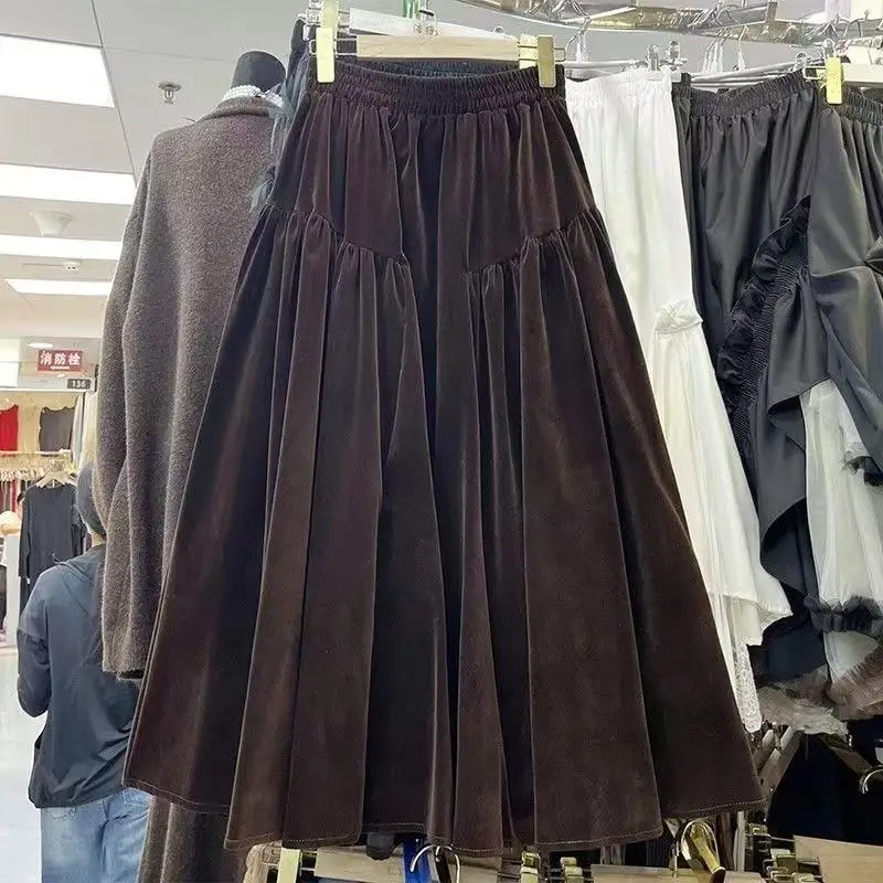 French Retro Skirt Women Fluffy Velvet A-line Midi Skirt Autumn Winter High Waist High-end Splice Skirt Versatile