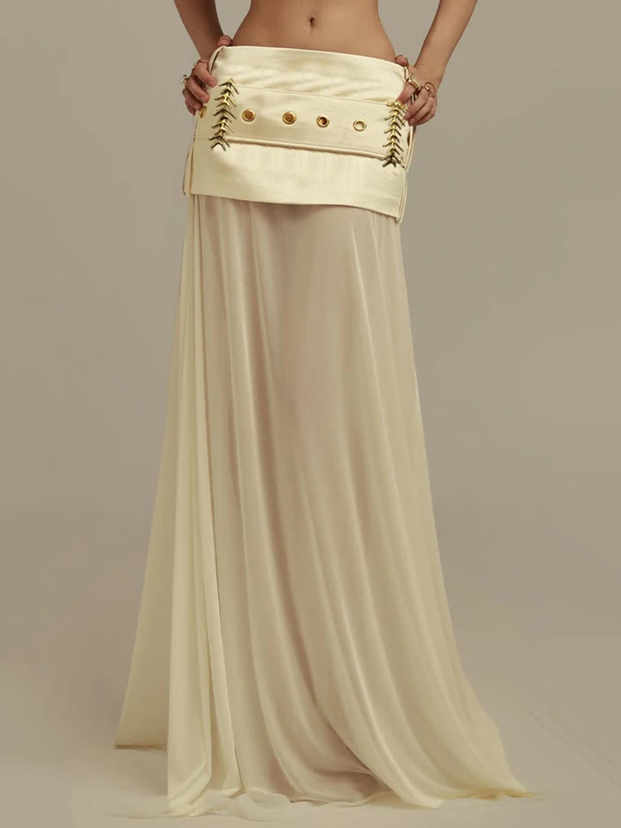 TWOTWINSTYLE Elegant Spliced Sequined Long Skirts for Women High Waist Patchwork Belt Temperament Skirt Female Fashion Clothing