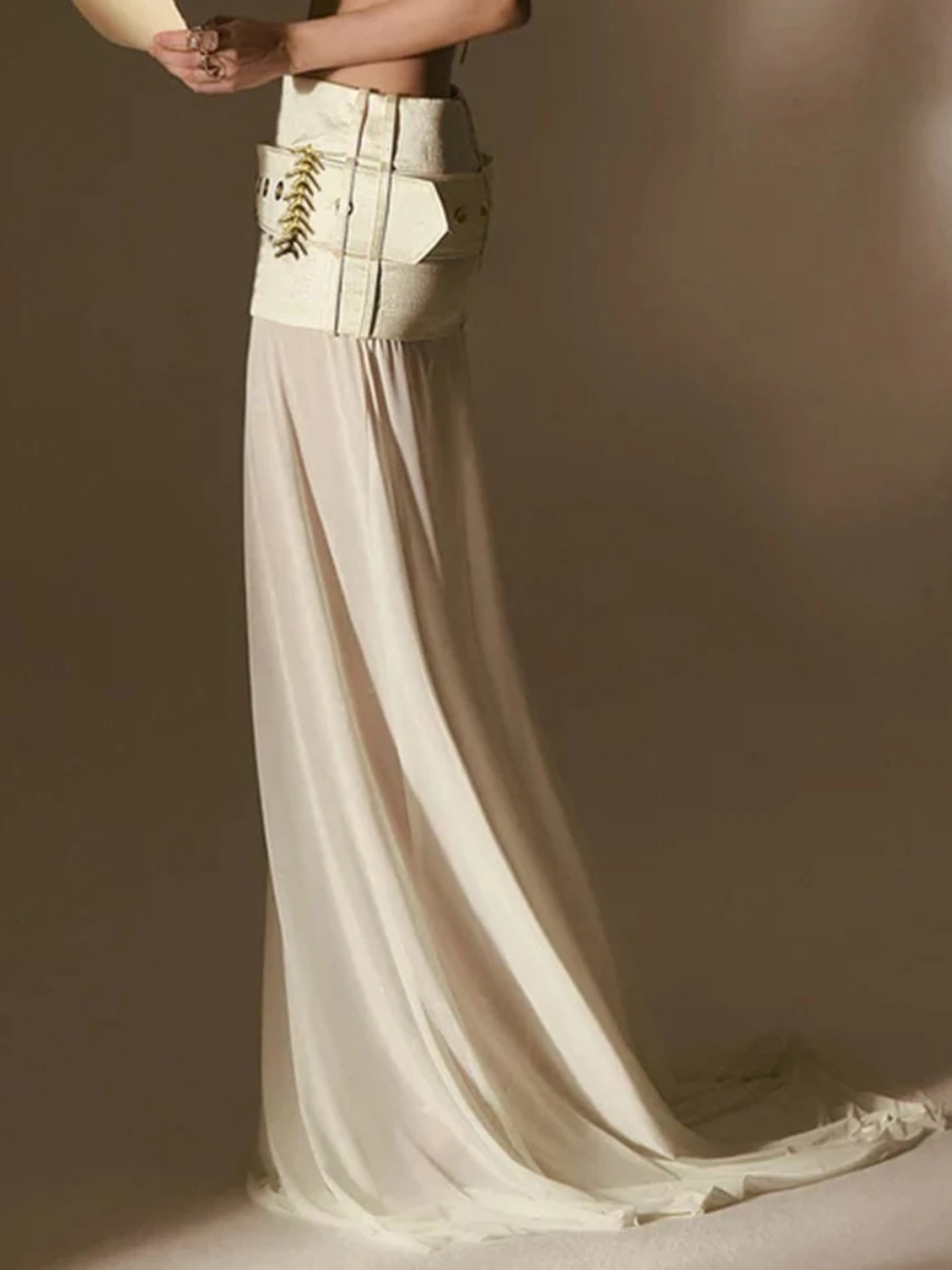 TWOTWINSTYLE Elegant Spliced Sequined Long Skirts for Women High Waist Patchwork Belt Temperament Skirt Female Fashion Clothing