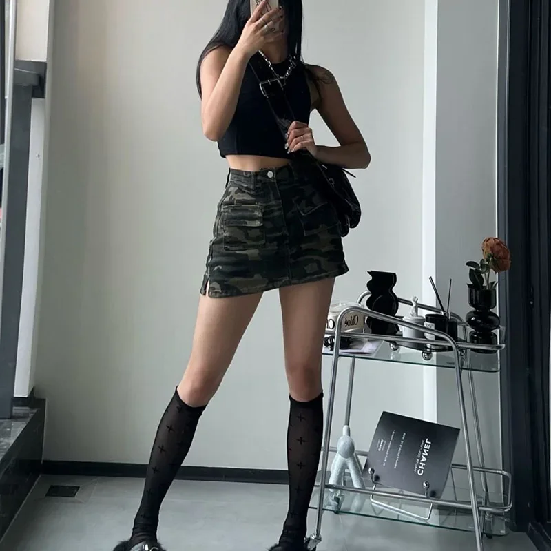 High Street Split Denim Skirt Woman 2025 Summer with Pockets Camouflage Cargo Skirt Women American Retro High Waist Mini Skirts
