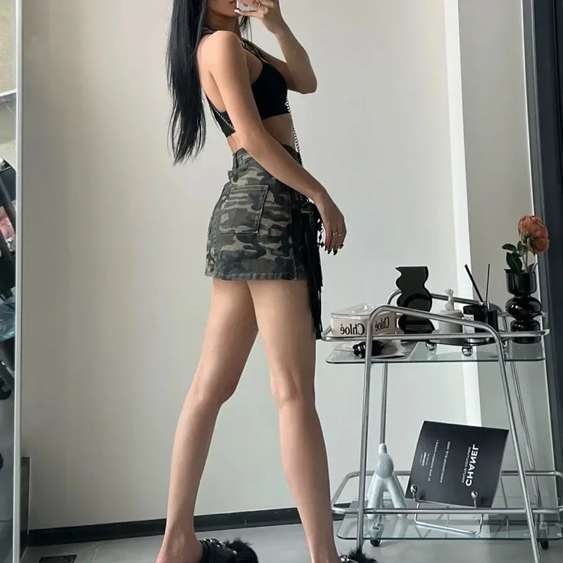 High Street Split Denim Skirt Woman 2025 Summer with Pockets Camouflage Cargo Skirt Women American Retro High Waist Mini Skirts