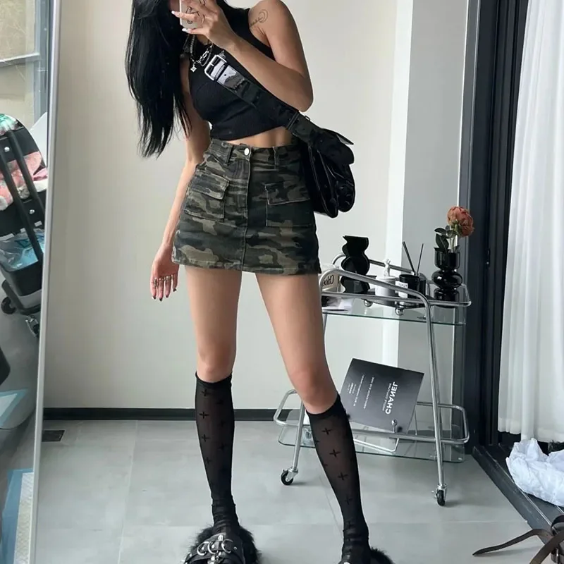 High Street Split Denim Skirt Woman 2025 Summer with Pockets Camouflage Cargo Skirt Women American Retro High Waist Mini Skirts